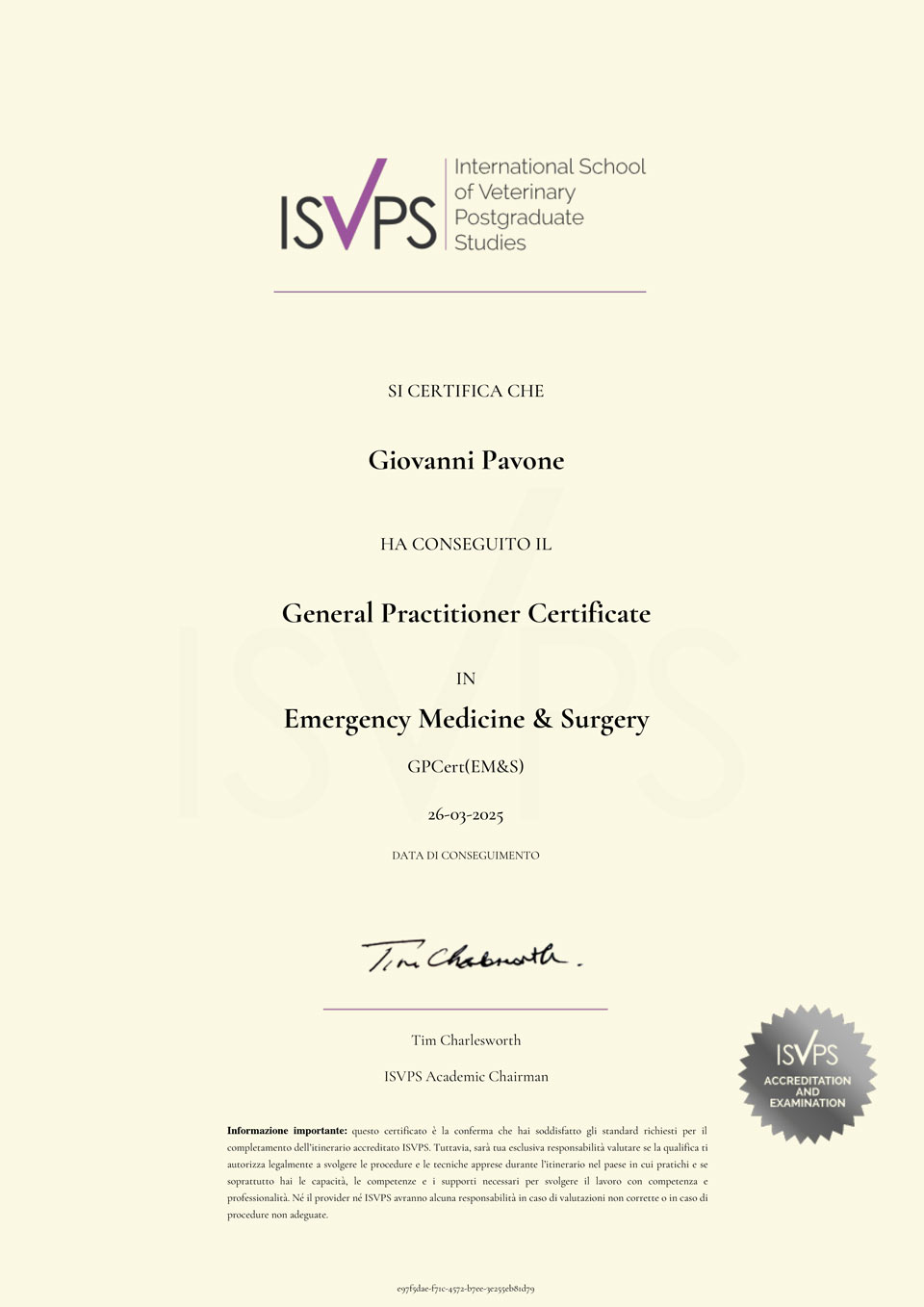 general practitioner certificate in emergency medicine and surgery dottor Giovanni Pavone